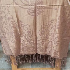 Mocha colored fringed brocade scarf, 28”x72”